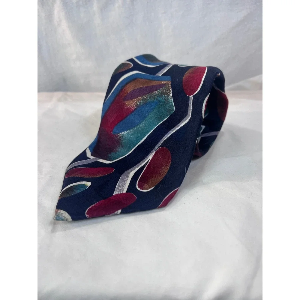 Oscar de la Renta Silk Tie Navy Blue Abstract Geometric Couture Collection USA